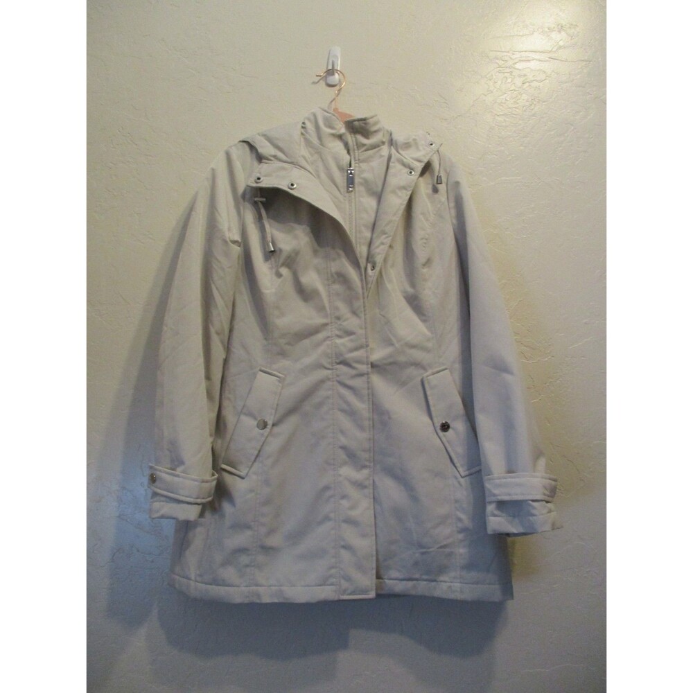 HFX Womens Sz M Hooded Rain Jacket Trench Coat Water Wind Resistant Light Gray